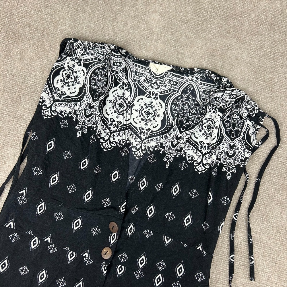 Ember Boho Shift Midi Dress Womens Medium Black White Paisley Print Split Neck
